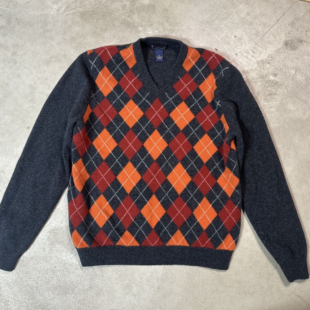 Vintage Brooks Brothers Scottish Lambswool Sweater Mens XL Orange Grandpa Argyle